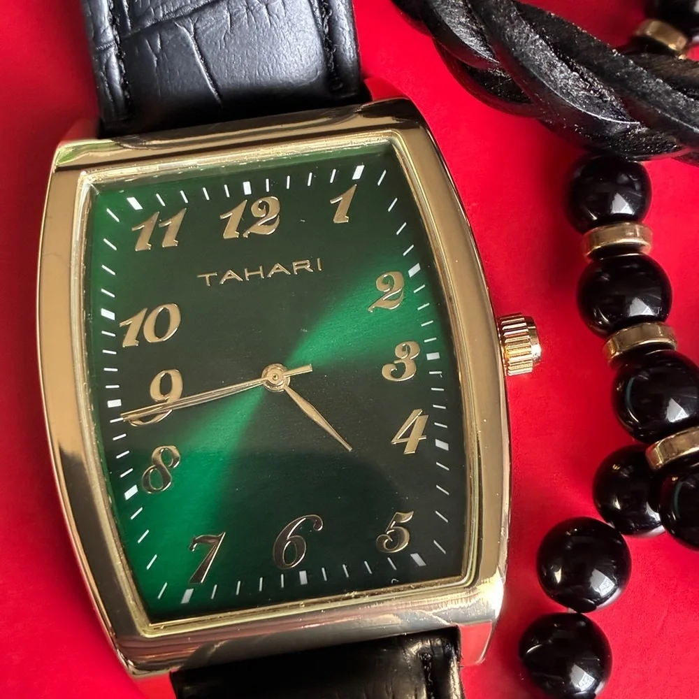 Tahari Gold and Black Men's Watch with Green Dial